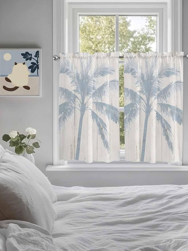 Summer Coconut Tree on Vintage Wood Grain Window Valance Curtains, Seaside