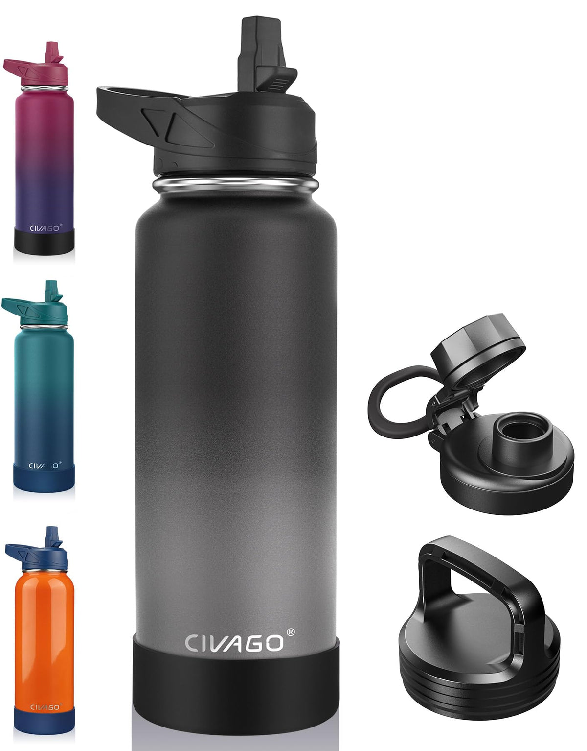 CIVAGO 40 oz Insulated Water Bottle With Straw, Stainless Steel Sports Water Flask Cup with 3 Lids (Straw, Portable Spout and Handle Lid), Double Walled Travel Thermal Canteen Mug, Classic Omber Gray