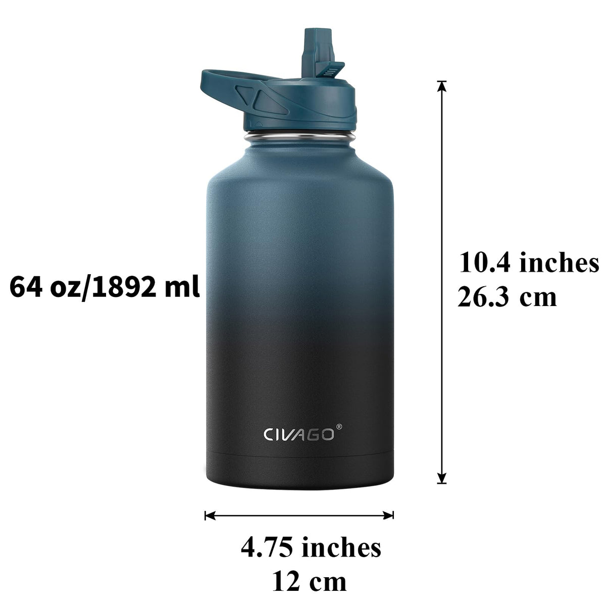 CIVAGO 64 oz Insulated Water Bottle With Straw, Half Gallon Stainless Steel Sports Water Flask Jug with 3 Lids (Straw, Spout and Handle Lid), Large Metal Thermal Cup Mug, Classic Omber Gray
