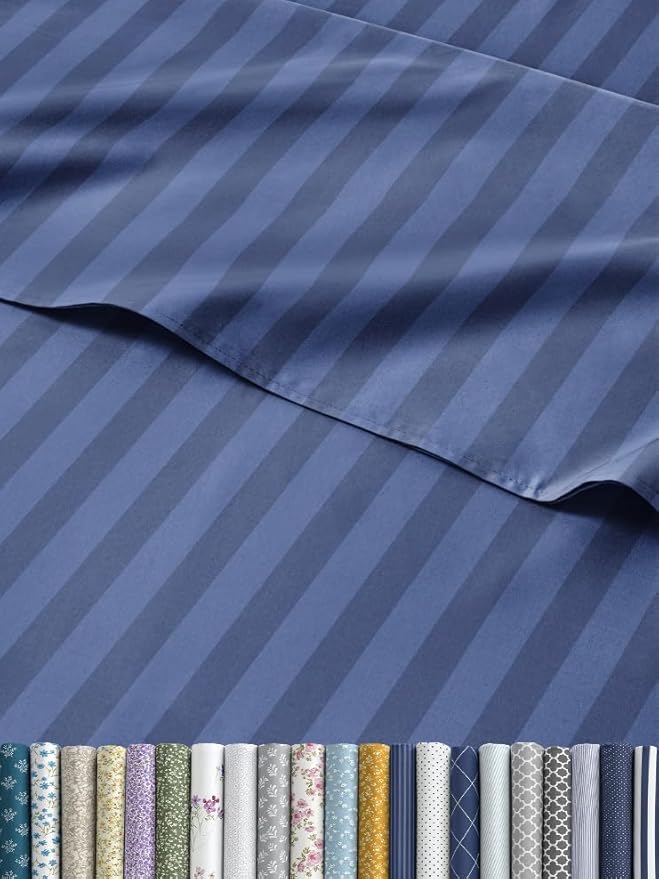 Striped Sheets - Blue Striped Sheets - 1 Flat & 1 Fitted & 1 Pillowcase w/ Deep Pockets – Comfy, Wrinkle & Fade Free - Soft, Breathable and Cooling – Luxury Pinstripe Bedding - Twin XL Size Bed Set