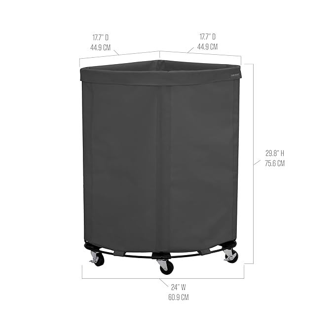Seville Classics Large Commercial Heavy Duty Rolling Steel Frame Laundry Hamper Canvas Cart Bin, w/Wheels for Hotel, Home, Closet, Bedroom, Gray, Corner 17.7” D x 24.0” W