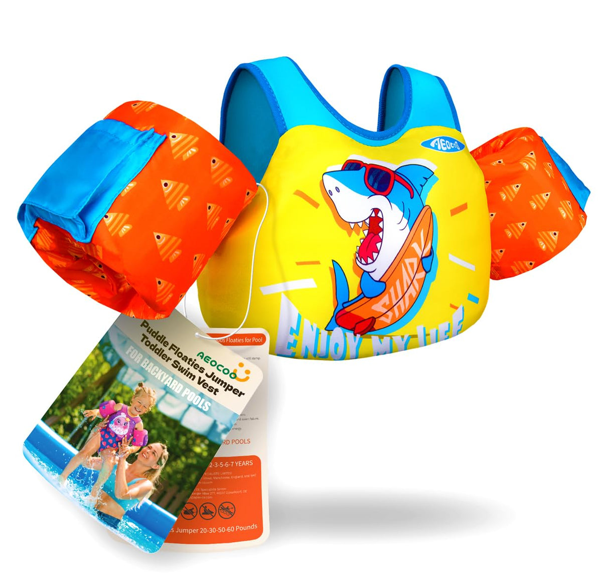 AEOCOO Puddle Float Jumper 20-30 Pounds, Toddler Swim Vest for 1-2 Years Old, Pool Floats with Swimming Arm Floaties Swim Jacket with Water Wings for Kids Swimmies, Boys, Girls, Niños, Shark