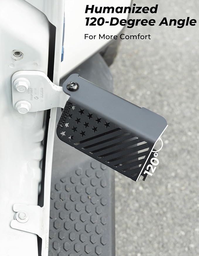 JOYTUTUS Upgraded 120° Wrangler Foot Pegs for Wrangler JK JL Gladiator JT 2007 to 2026, Exterior Door Hinge Metal Powder Coating Rest Pedals with US Flag Foot Rest Kick Panel Accessories