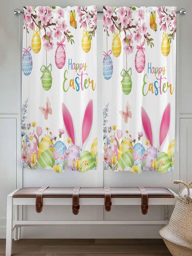 Happy Easter Bedroom Curtains 63 Inches length, Spring Watercolor Bunny Eggs