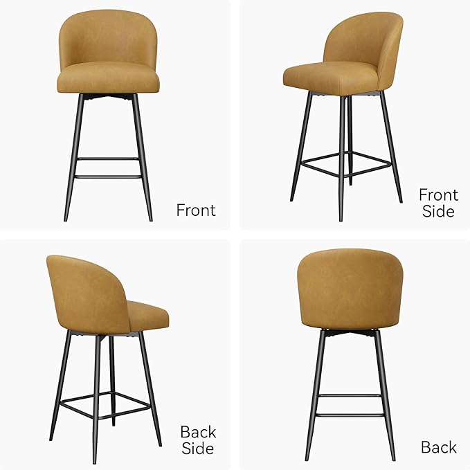 Counter Height Bar Stools Set of 2,360° Swivel Barstools with High Back and Metal Legs,26" Seat Height, Upholstered PU Leather Bar Chairs for Kitchen Island, Dining Room,Cafes,Yellow