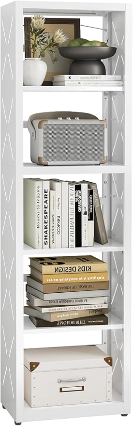5-Tier Metal Bookshelf, Adjustable Bookcase with Anti-Tip Kit & Leveling Feet, Heavy-Duty Metal Storage Organizer, Modern Corner Shelves for Kitchen, Garage, Home Office