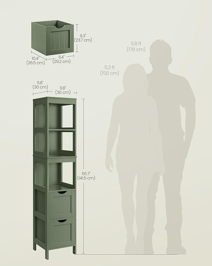 VASAGLE Storage Cabinet, Storage Organizer Rack Stand for Bathroom, Living Room, Bedroom, Multifunctional Corner Unit, 2 Drawers, 55.7 Inches in Height, Forest Green UBBC066C01