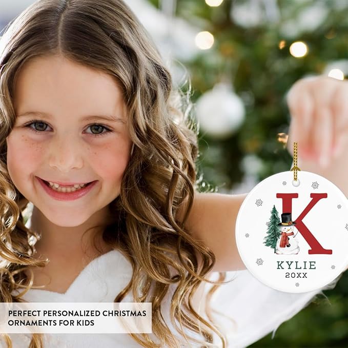 Andaz Press Personalized Ornament, Custom Name, Initial K Monogram Snowman 2.8" Ceramic Porcelain 2025 Christmas Ornament Keepsake for Kids, Boys, Girls, Includes Gold Ribbon & Gift Box, 1-Pack