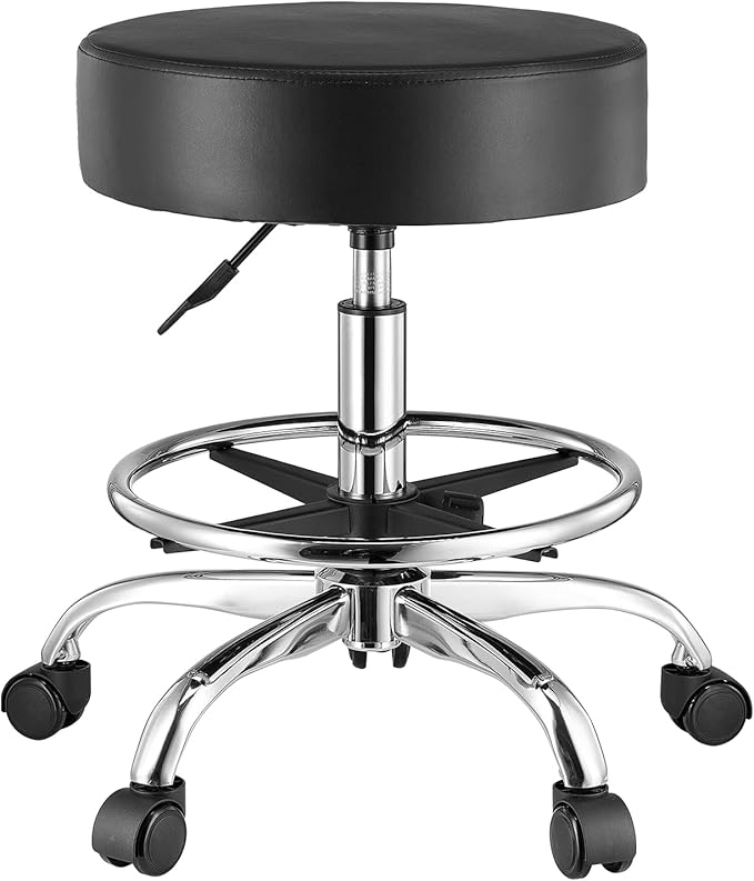 VEVOR Rolling Stool with Foot Rest and Wheels, 450 LBS Weight Capacity Round Rolling Stool Chair, Height Adjustable Thickened PU Leather Swivel Stool for Salon, Spa, Massage, Tattoo, Clinic, Black