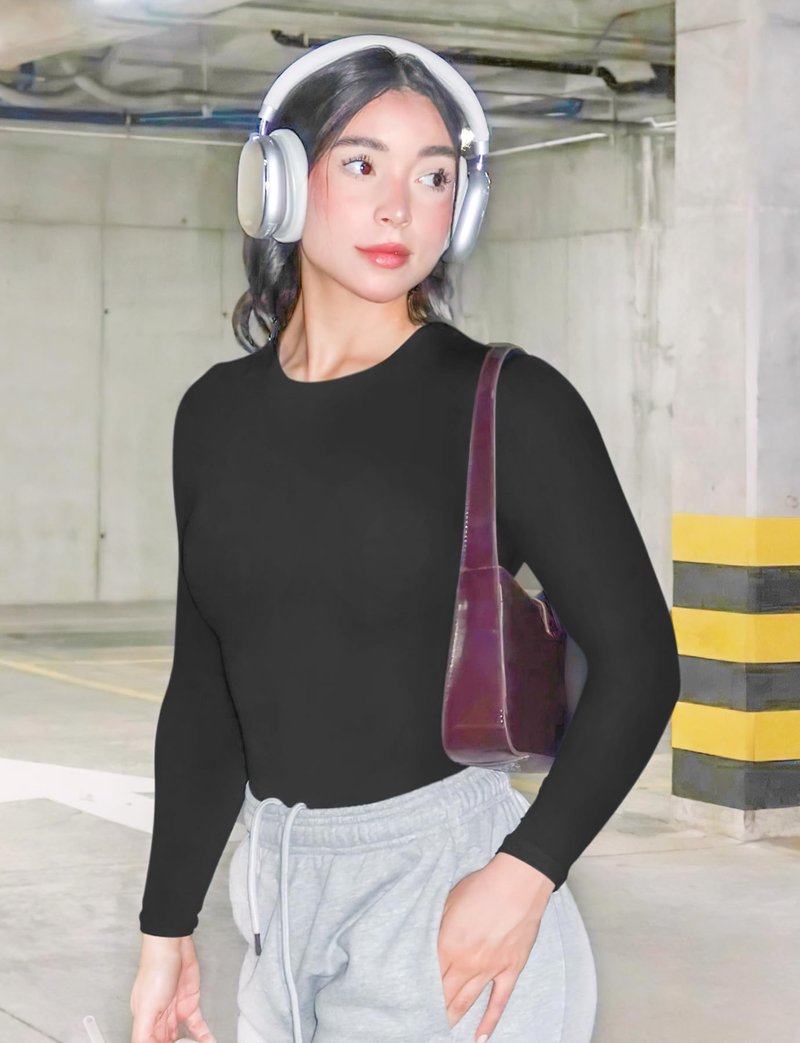 YEOREO Long Sleeve Shirts for Women y2k Tops Double Lined Basic Tee Crew Neck Going Out Sweeney Workout Undershirt Black L