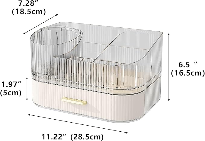 Makeup Organizer with Stackable Drawer, 360 Rotating Makeup Brush Holder, 11-inch Wide Large Cosmetic Display Case, Skincare Organizers and Storage for Dresser, Vanity, Bathroom Countertop