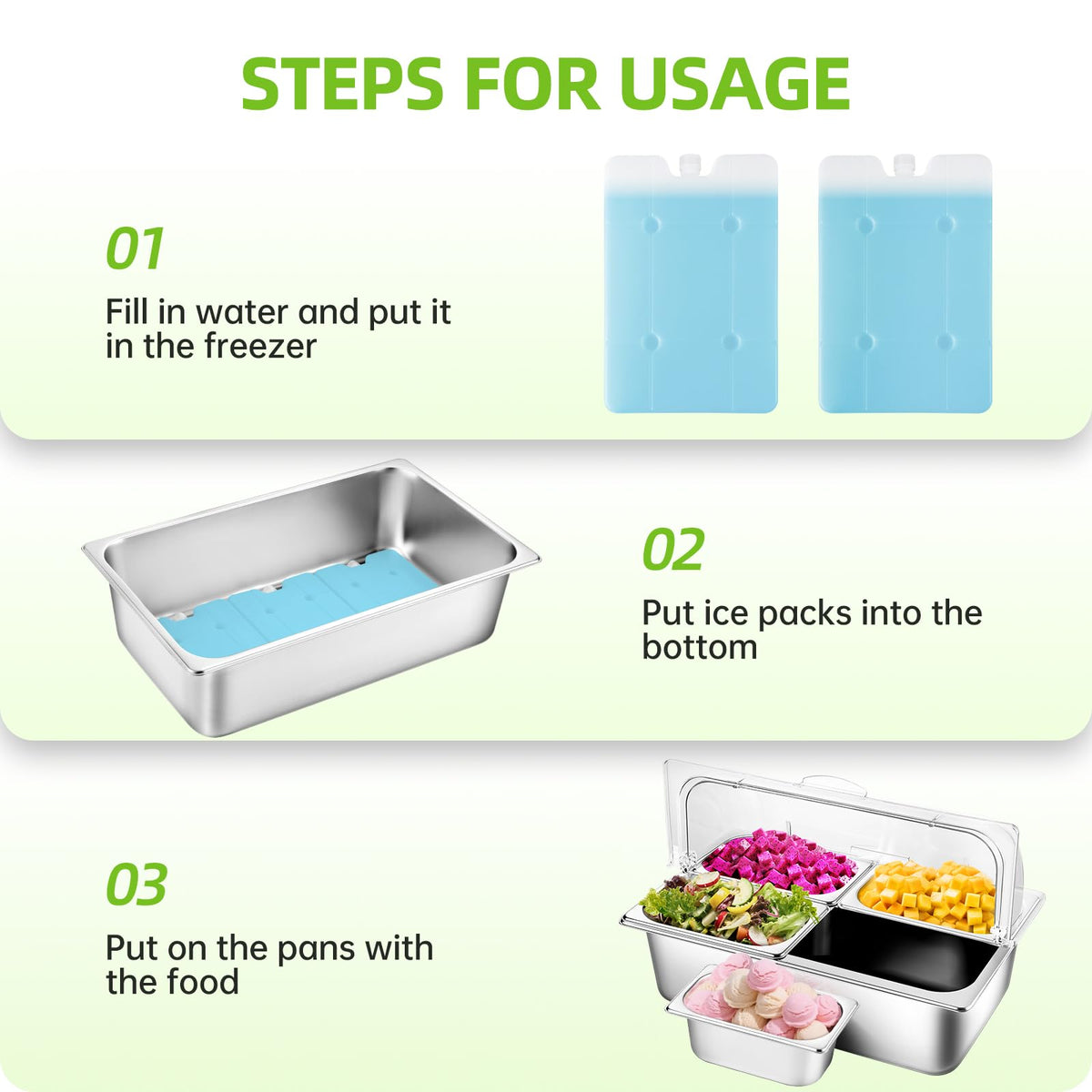 Tijvzk Stainless Steel Ice Food Serving Display Container 6 Pans 3 Ice Packs Cooled Condiment Dispenser Cold Serving Appetizer Buffet Organizer (4 Pans)