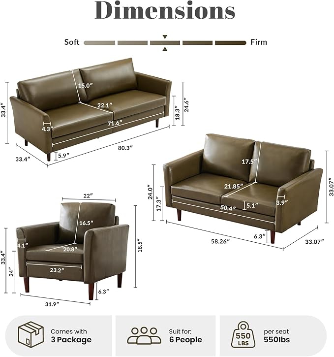 Kingfun Faux Leather 3 Seat Couch Set for Living Room, Mid Century Modern Sofa with Rolled Arms and Deep Seats, Fluffy Comfort for Apartment, Easy to Assemble, Olive Green