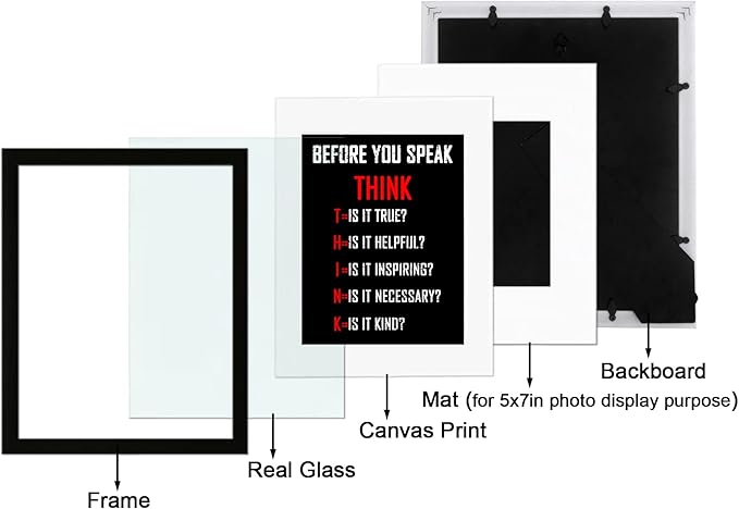 Wieco Art Think Quotes Wall Art Inspirational Canvas Print Motivation Classroom Decor With White Picture Frame and Real Glass Made to Display 5x7" with Mat or 8x10" Without Mat for Home Office Wall Decoration