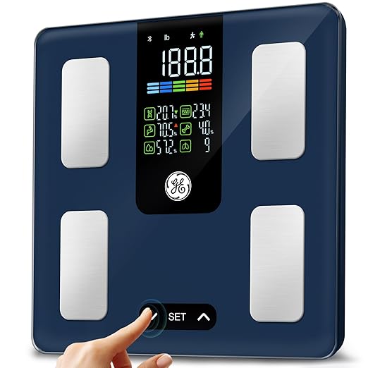 GE Smart Scale for Body Fat: Weight Scales with BMI Muscle Mass Button Function 500lbs Digital Bathroom Weight Machine Body Composition Monitor 11.8" Platform Accurate Weighing Health Analyzer