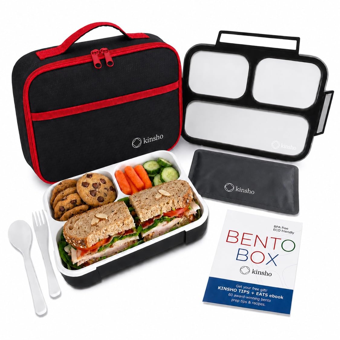 kinsho Bento Lunch Box, Ice Pack Insulated Bag for Kids, Boys, Teens, Blue