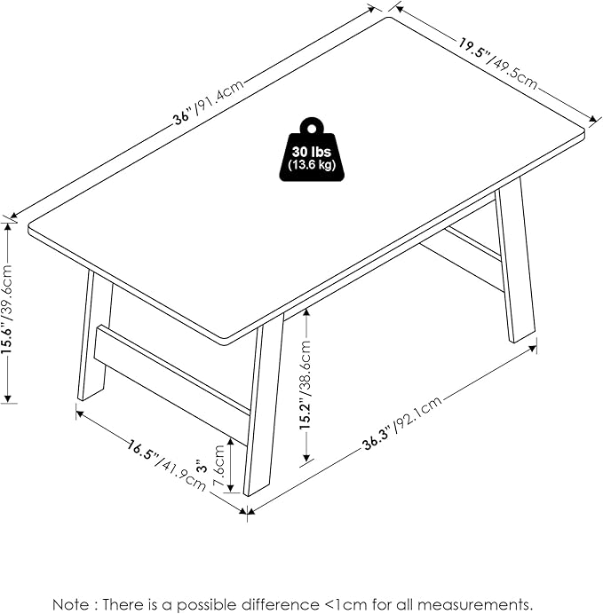 Furinno Beginning Coffee Table, Rectangular Modern Coffee Table with H-Legs, Side Table, Soft Edges, Easy Assembly, for Living Room, Bedroom, Home Office, White