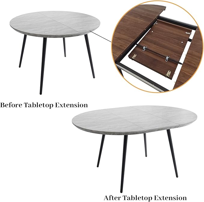 43.3"-59.1" Extendable Dining Table Set with Metal Legs, Wooden Round Kitchen Table for 4-6 Person, Gray Coffee Table w/Easy-Clean Tabletop
