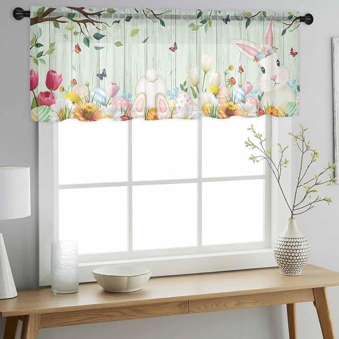 Easter Sheer Valances for Windows 60"x18", Light Filtering Kitchen Curtains