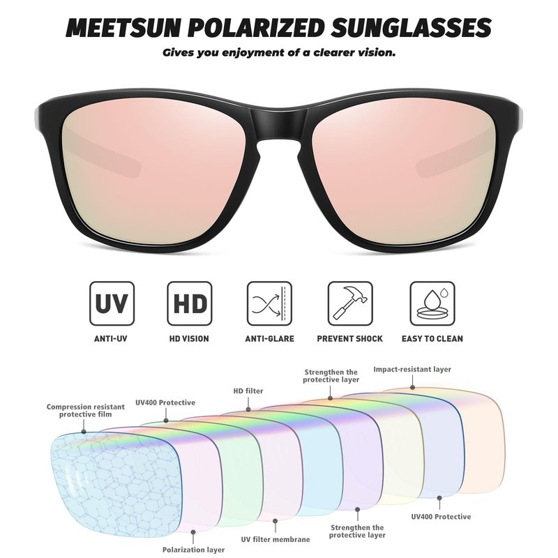 MEETSUN Polarized Sports Sunglasses for Women Men Driving Running Cycling Fishing Sun Glasses UV400 Protection Black Frame-Pink Mirror Lens
