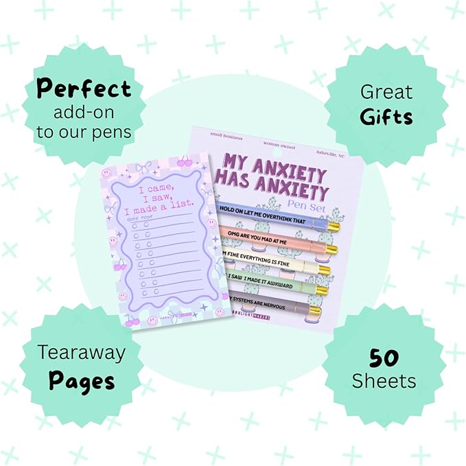 Moonlight Makers Funny Pens and Notepad Stationery Set - Set of 5 ADHD Girlie Engraved Ballpoint Pens with Black Ink, I Came I Saw I Made A List Notepad, Cute Desk Supplies, Funny Work Gifts for Women