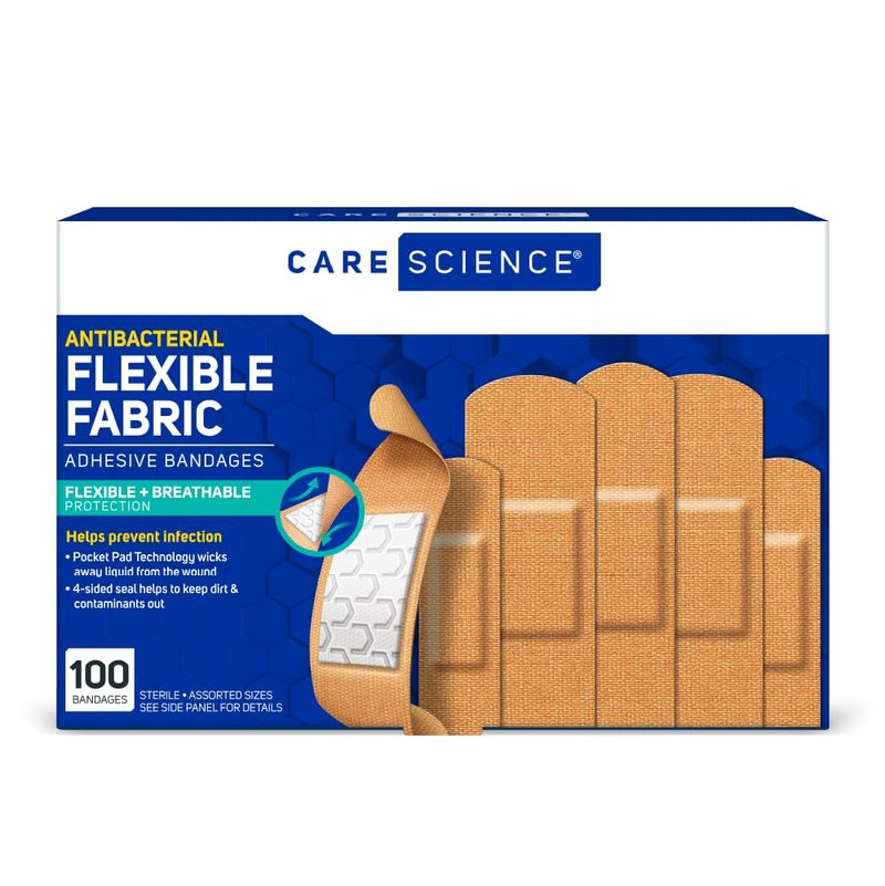 Care Science Antibacterial Fabric Adhesive Bandages, 100 ct Assorted Sizes (Pack of 72) | Flexible + Breathable Protection Helps Prevent Infection for First Aid and Wound Care