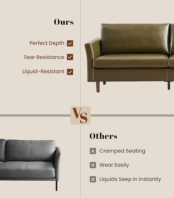 Kingfun Faux Leather 3 Seat Couch Set for Living Room, Mid Century Modern Sofa with Rolled Arms and Deep Seats, Fluffy Comfort for Apartment, Easy to Assemble, Olive Green