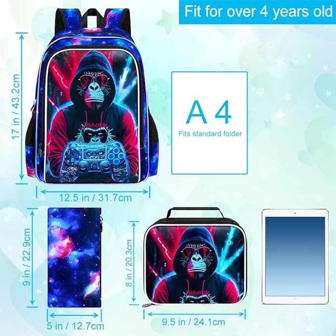 gxtvo 3PCS Game Backpack for Kids, 17" Boys Gorilla Bookbag with Lunch Box, Water Resistant Middle Elementary School Bag - Gaming Gorilla