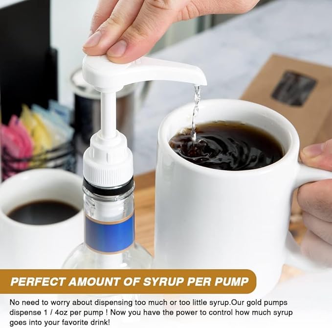 20 Pcs Gold Syrup Pump Dispenser, Compatible with 25.4 Oz/750ml Bottles, Great for Home & Coffee Bar Drinking Mixes, Tea, Beverage, Cocktails, Plus Spoons