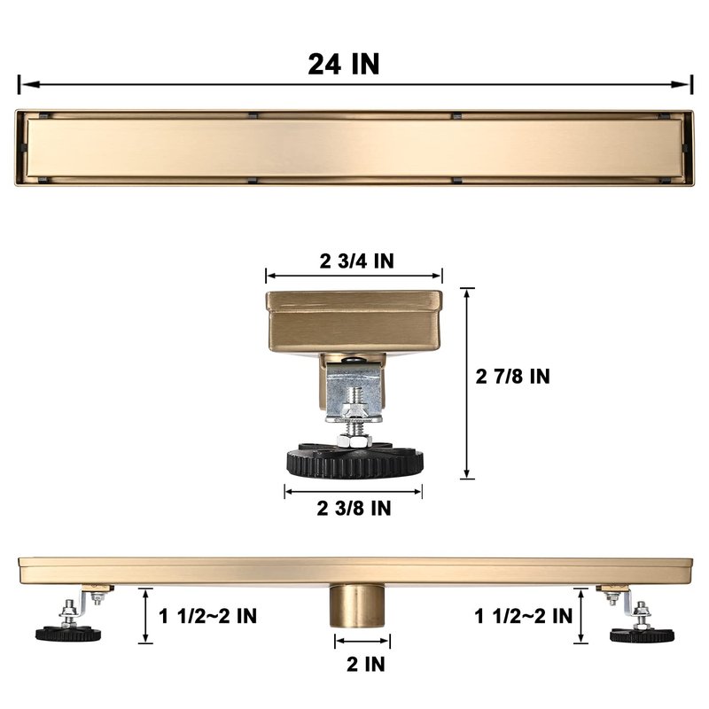 AVSIILE Linear Shower Floor Drain, Brushed Gold 24 Inch 304 Stainless Steel Bathroom Drains Kit, Rectangular Shower Trench Drain with Reversable Tile-in Pattern Drain Cover & Hair Catcher