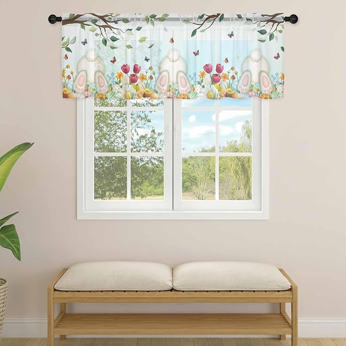 Easter Sheer Valances for Windows 42"x12", Light Filtering Kitchen Curtains