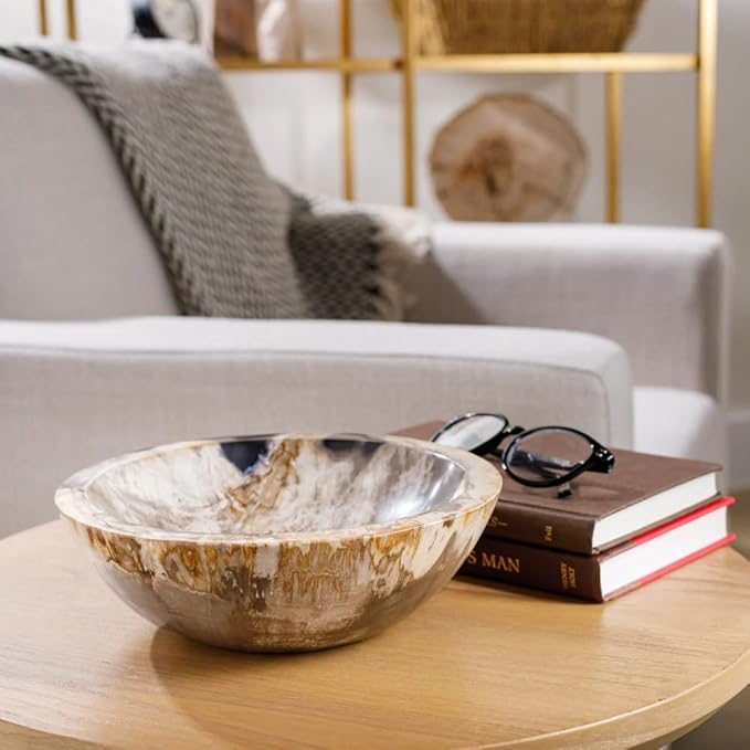 KALIFANO - 9" Brown Small Petrified Wood Bowl, Hand-carved, Timeless, Unique, and Elegant Decor Accent, Office or Home Decor