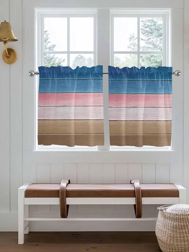 Blue Pink Brown Gradient Wood Grain Window Valance Curtains, Vintage Wood Board