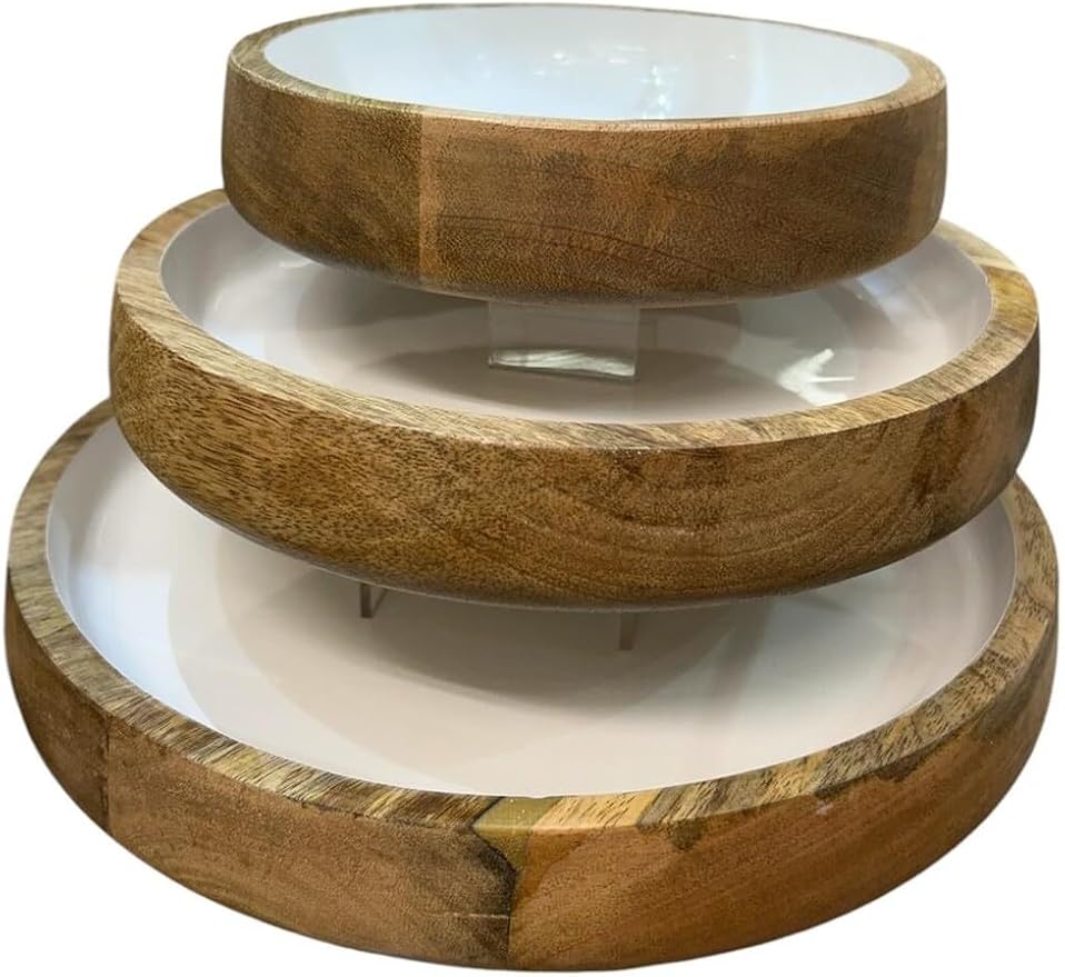 ARTISAN TOUCH Premium Wooden Serving Bowl Set with White Inner Natural Wood & Ceramic Finish Bowls for Snacks, Salad, Fruits & Dry Fruits Stylish Kitchen & Dining Tableware