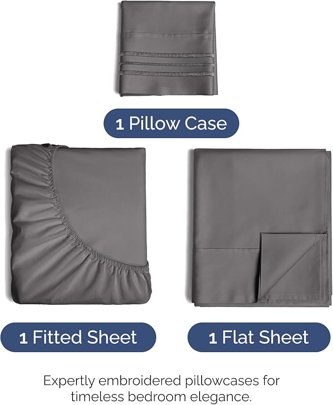 Twin Size 3 Piece Sheet Set - Comfy Breathable & Cooling Bed Sheets Set - Hotel Luxury Bedding for Women, Men, Kids, Teens, Boys & Girls - Deep Pockets, Ultra-Soft, Wrinkle Free - Oeko-Tex - Dark Grey