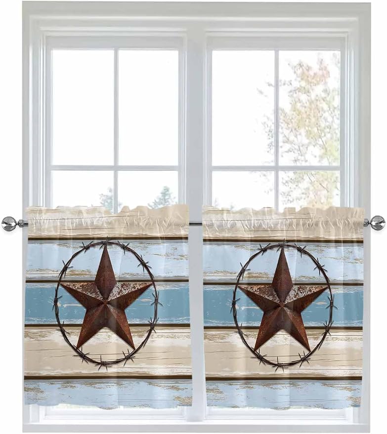 Vintage Western Star on Wood Grain Window Valance Curtains, Retro Wooden
