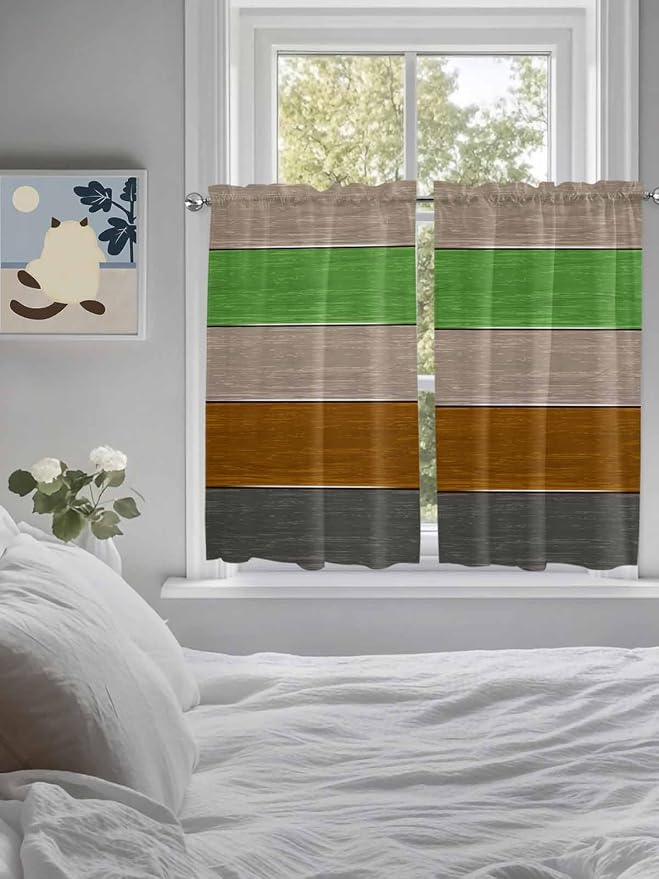 Farm Gray Green Brown Wood Grain Window Valance Curtains, Rustic Wooden Plank