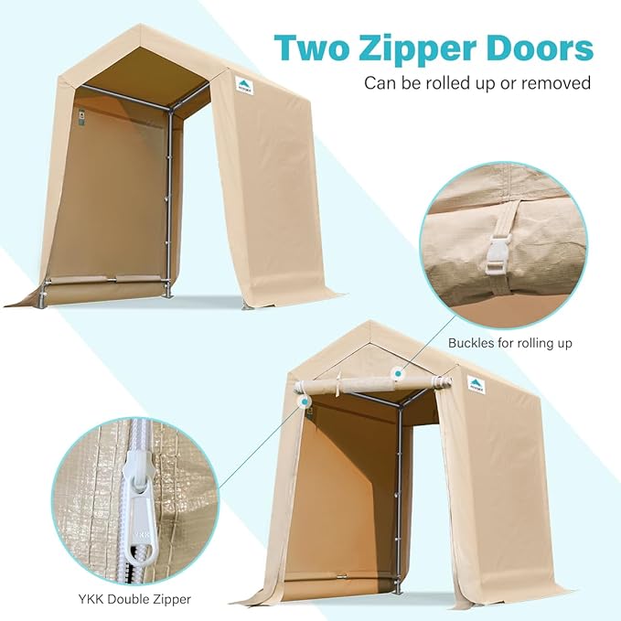 ADVANCE OUTDOOR 6X8 ft Outdoor Portable Storage Shelter Shed with 2 Rolled up Zipper Doors & Vents Carports for Motorcycle Waterproof and UV Resistant Portable Garage Kit Tent, Beige