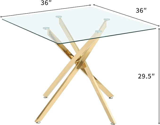 36" Square Glass Dining Table Modern Kitchen Glass Top Table for 4 with Gold Chrome Metal Legs, Clear Dining Table Kitchen Table for Home Office Dining Room