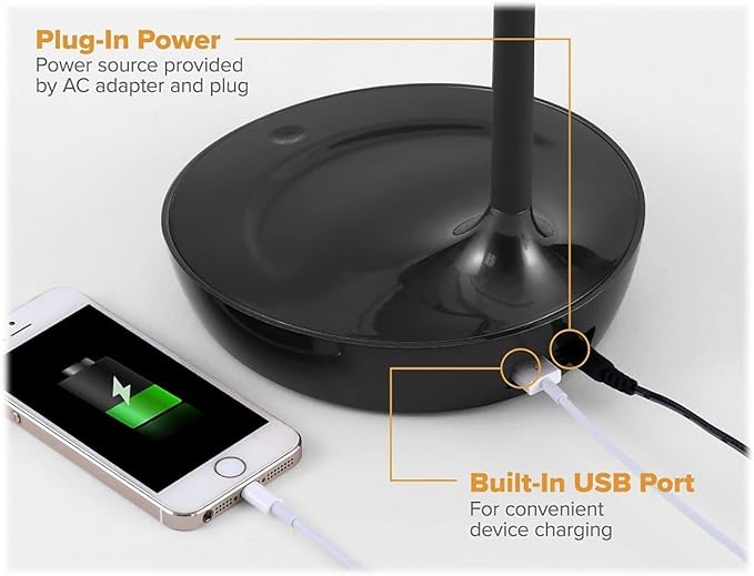 Bostitch Office KT-VLED1502-BLK Gooseneck LED Desk Lamp with USB Charging Port, Dimmable, Black