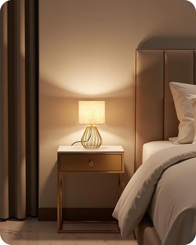 Gold Bedside Table Lamp, 12.6'' Small Table Lamp with Beige Linen Lampshade & Gold Teardrop Cage, Modern Little Cute Desk Lamp for Bedroom, Living Room, 2700K LED Bulb Included DE06TL05