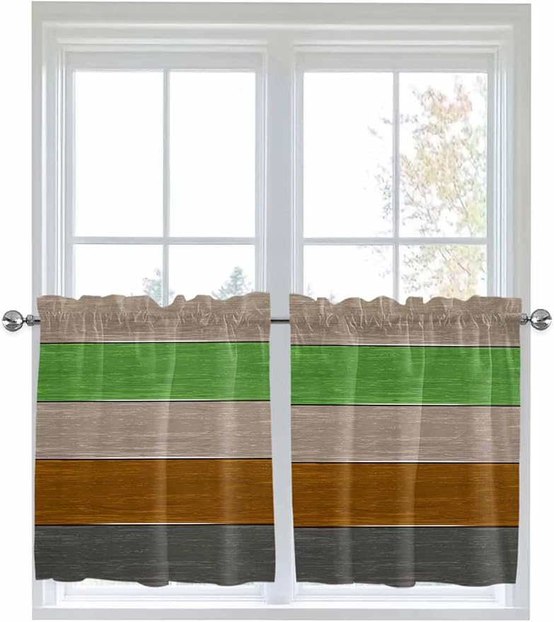 Farm Gray Green Brown Wood Grain Window Valance Curtains, Rustic Wooden Plank