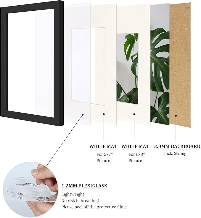 Egofine 8x12 Picture Frame Black Covered by Plexiglass Made of Solid Wood, Display Pictures 5x7/6x8 with Mat or 8x12 Without Mat for Table Top and Wall Mounting