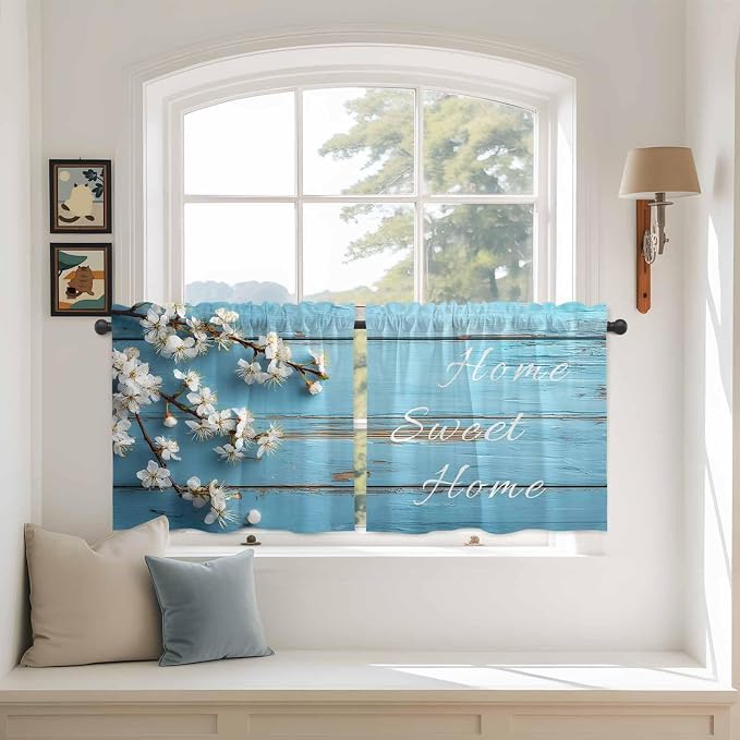 Farmhouse Wooden Grain Tier Curtains, Vintage Shabby Chic Flower Blue Light