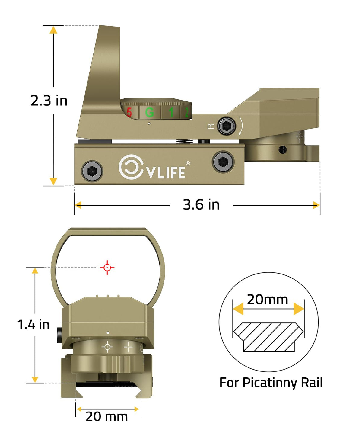 CVLIFE 1X22X33 Red Green Dot Sight, Reflex Sight for 20mm Picatinny Rail, Sand