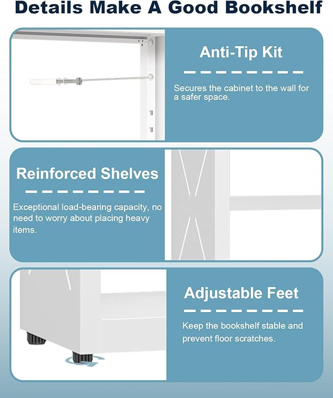 5 Tier Steel Bookshelf, Metal Bookcase with Adjustable Shelves for Home Office, Kitchen, Garage, Modern Storage Dispaly Shelves with Anti-Tip Protection, Heavy-Duty Home Storage Organizer - White