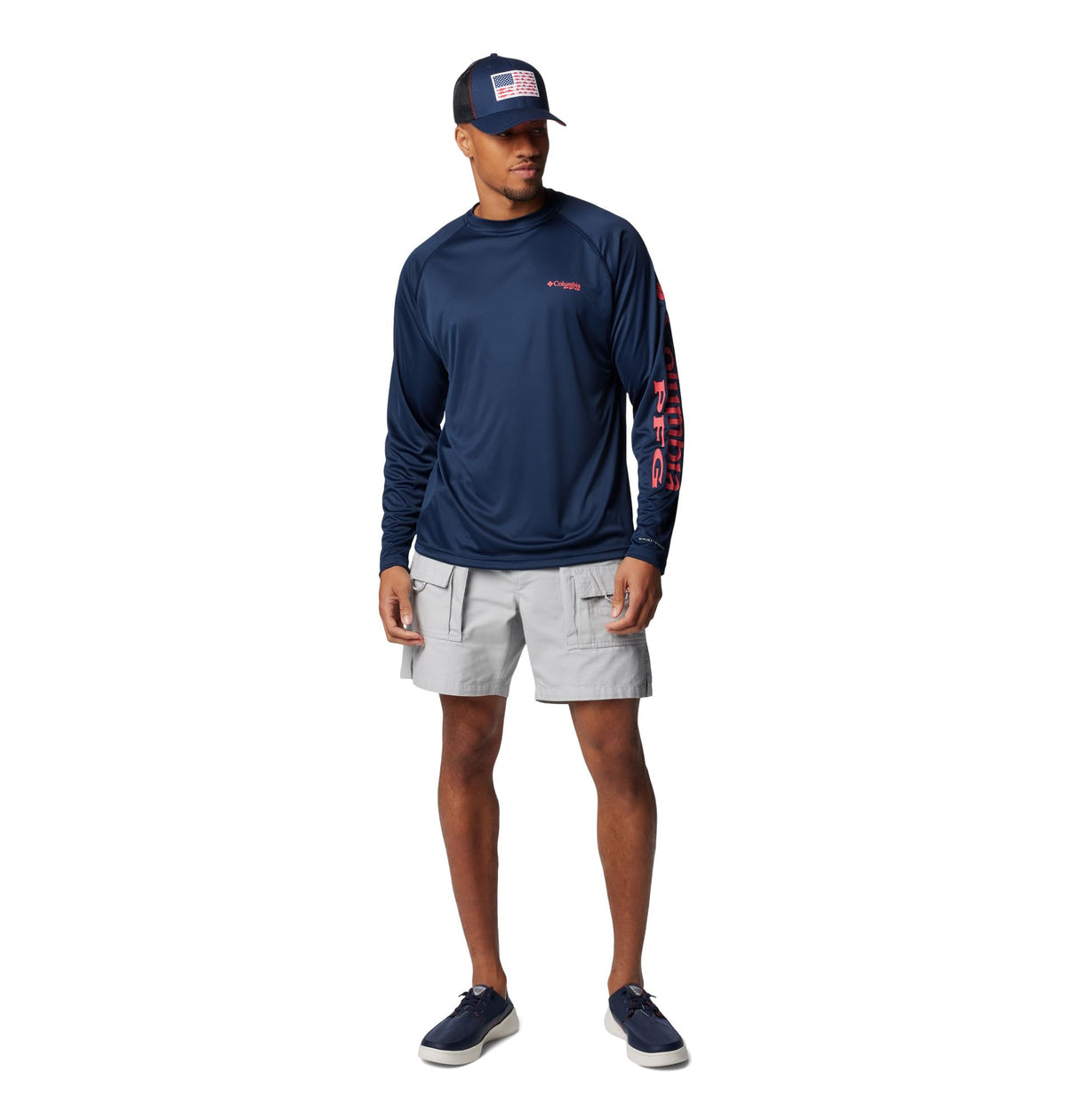Columbia Men's PFG Terminal Tackle Long Sleeve Fishing Shirt, Collegiate Navy/Sunset Red Logo, Large Tall