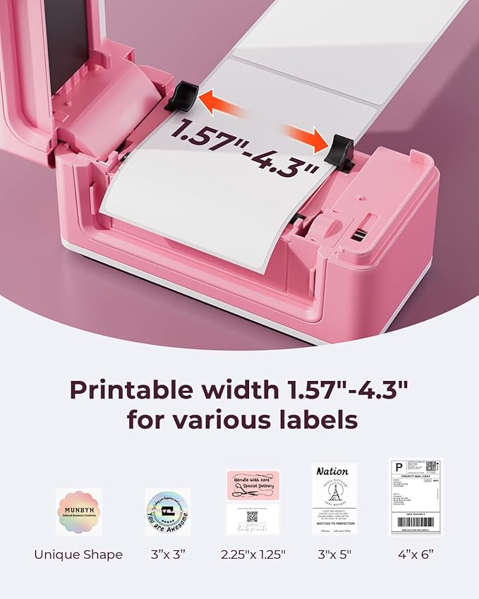 MUNBYN Bluetooth Thermal Label Printer 941BP, Wireless 300DPI 4x6 Shipping Label Printer for Small Business, Compatible with Windows, Mac, iPhone, Android, PC, Ebay, Amazon, Shopify, Etsy, USPS (Pink)