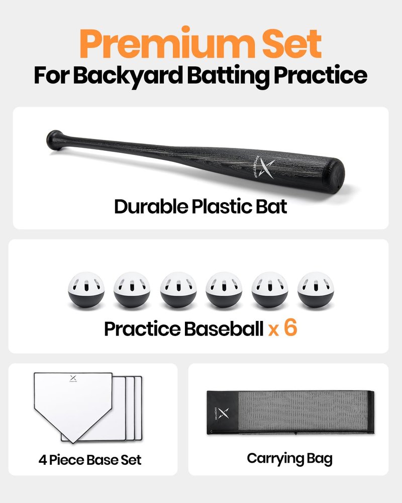 Grand Slam Baseball Bat Set, Includes 1 Plastic Bat, 6 Perforated Balls and 4 Throw Down Bases for Youth, Teenagers, Adults
