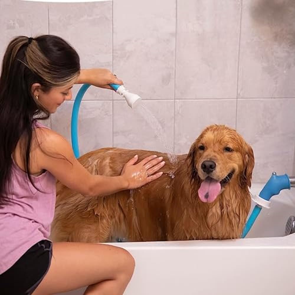 Rinseroo Slip-On Bathtub Faucet Sprayer Attachment. Ultra-Flex Dog Shower Adapter Portable With Pet Showerhead. Attach to Tub Spout 5 Foot Hose. No Install for Speedy Washing